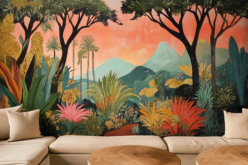 Tropical landscape mural, lush foliage, trees, mountains, vibrant sunset sky, serene atmosphere. Elements: palm trees, tropical plants, distant mountains. Colors: rich greens of leaves and plants, warm oranges and pinks of sunset sky fading to deep purples and blues.