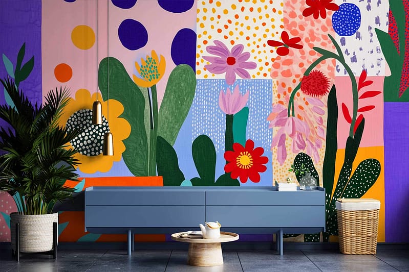 The wallpaper features abstract, colorful floral patterns with vibrant hues. Elements include bold flowers, leaves, and swirls in shades of red, pink, yellow, green, and blue. The striking design creates a dynamic backdrop for any stylish room setting.