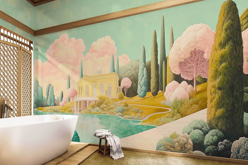 The wallpaper features a dreamy, pastel-colored landscape mural with a villa, lush trees shading a reflective pond, and a soft, cloud-filled sky. The colors mainly include soft pastels like light blues, greens, and gentle pinks.