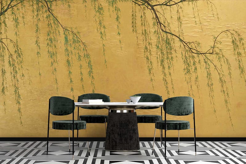 Yellow background, overhanging branch design, gravitas.