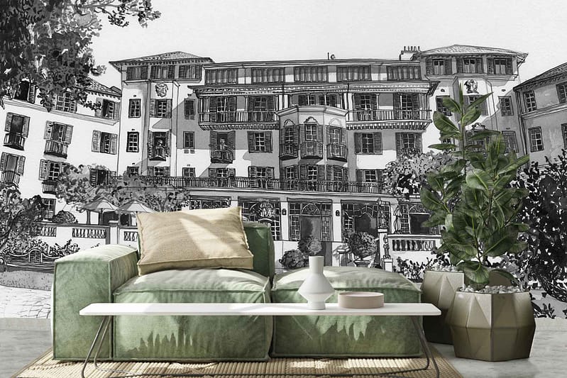 The ParkWall mural features an intricate black and white architectural scene. It showcases detailed structures, emphasizing lines and geometric patterns. The monochromatic design highlights elements of grandeur and sophistication, making it a distinctive focal point in any room.