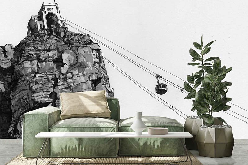 Wall mural featuring Cape Town's iconic cliffs and cable car, with earthy tones of browns, grays, and greens. Blue skies contrast with the rugged landscape, capturing the tranquil essence of De Waal Park. Subtle detailing in foliage adds a touch of natural greenery.