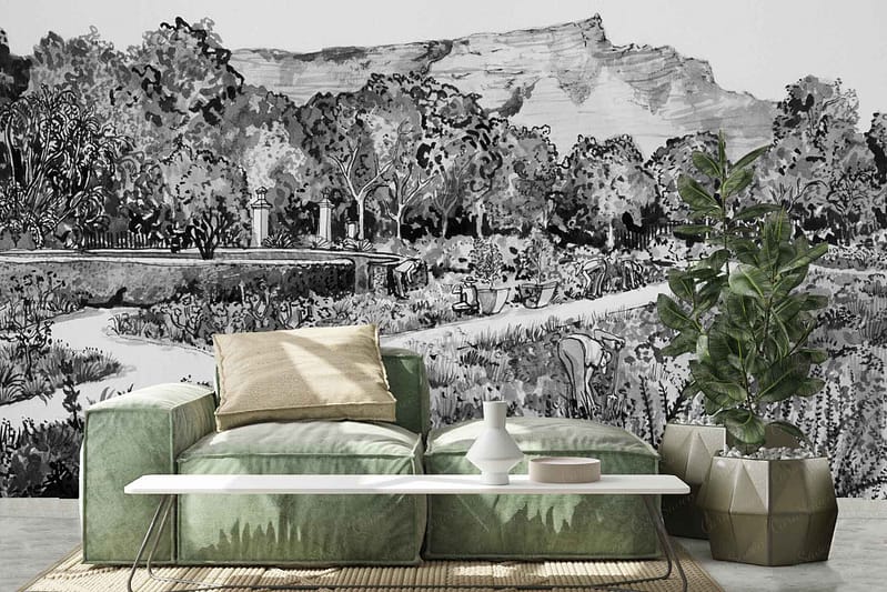 Black and white mural; De Waal Park-inspired; lush landscapes; mountains; trees.