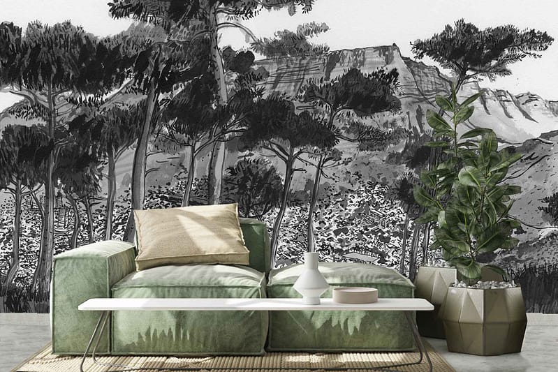 The wallpaper features a scenic black-and-white forest mural, showcasing tall trees and majestic mountains reminiscent of De Waal Park's tranquility.