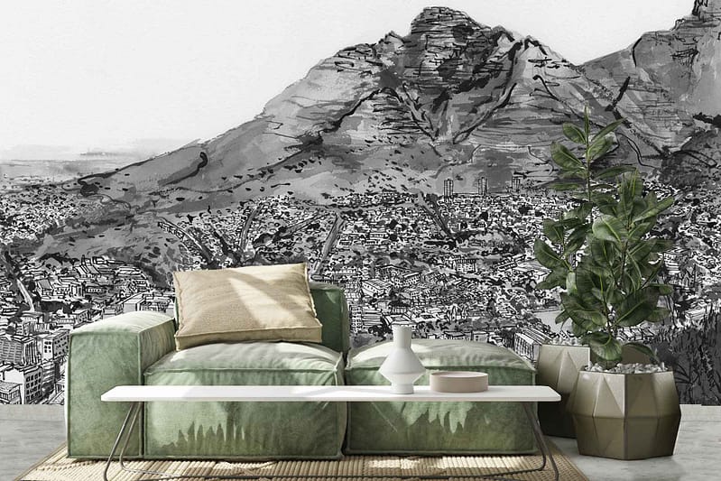 Black-and-white mural; features mountainous landscape and cityscape; includes De Waal Park.