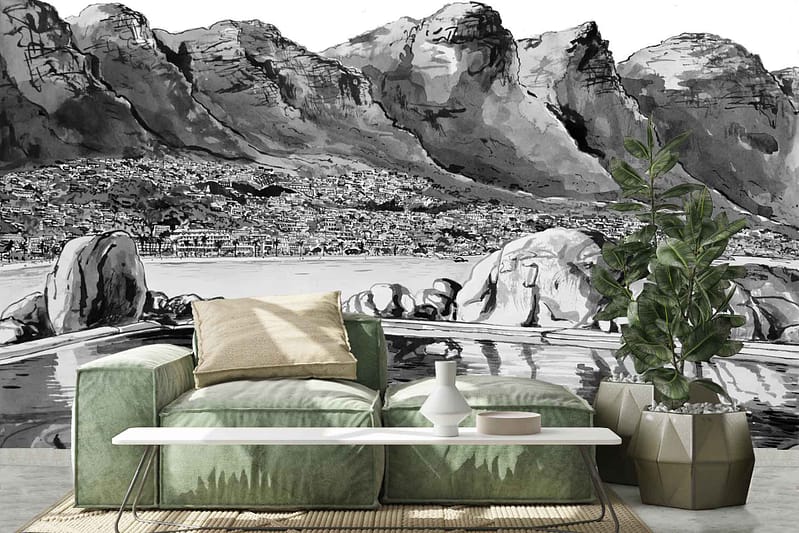 The "ParkWall" mural wallpaper features a black and white design showcasing rocky mountains and a small village near water.