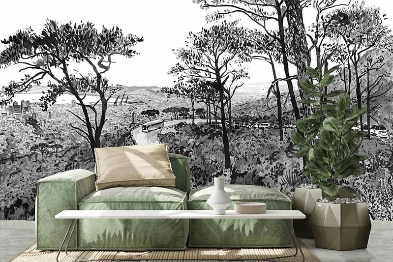 The wallpaper features a black and white mural with intricate details of a forest and cityscape, blending natural and urban elements. Trees, buildings, and possibly the ambiance of De Waal Park are depicted in grayscale tones, adding depth to the serene living room.