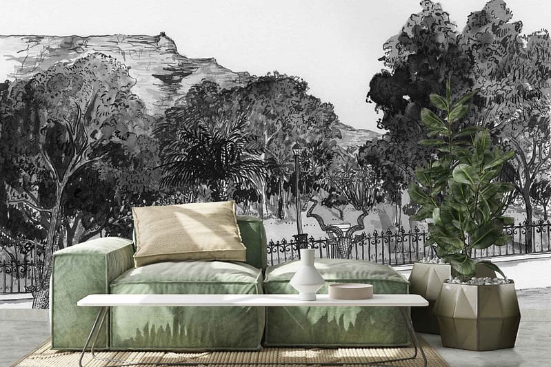 Scenic "ParkWall" mural in grayscale; features trees and mountains; evokes tranquility of De Waal Park.