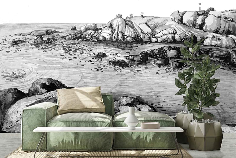 The wallpaper features a ParkWall mural showcasing a rocky coastal scene. It includes elements of jagged rocks, gentle waves, and hints of distant cliffs under a serene sky. The color palette consists of muted blues, soft greys, earthy browns, and subtle whites, evoking the tranquility and natural beauty reminiscent of coastal landscapes.