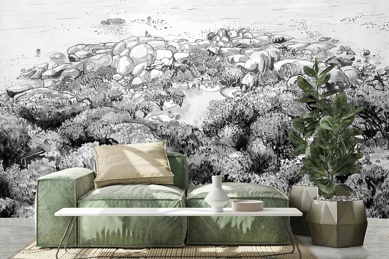 Black and white mural, De Waal Park, rocky landscape.