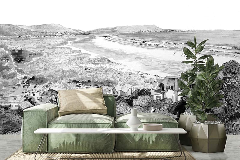 The wallpaper features a coastal landscape with rolling hills and a serene shoreline. It includes earthy tones, soft greens of lush vegetation, blues and teals of the ocean, sandy beiges representing the beach, and gentle whites of clouds. The design evokes tranquility reminiscent of De Waal Park’s natural beauty.