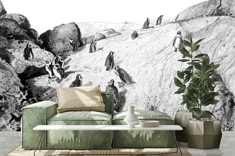 Black-and-white mural featuring penguins on a rocky slope, reminiscent of a scene from De Waal Park. Playful and nature-inspired elements with contrasting themes.