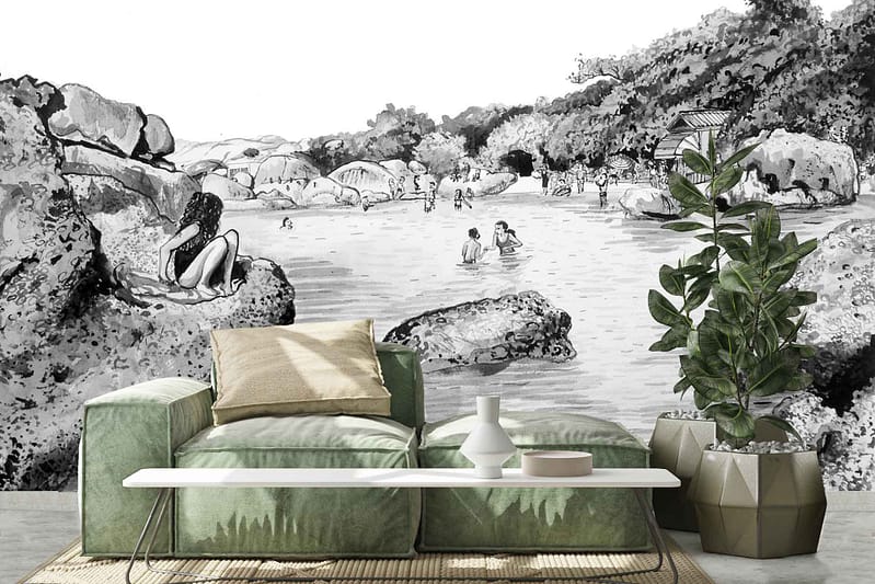 The wallpaper depicts a rocky river scene with people swimming and relaxing. Key elements include rocks, flowing water, trees, and figures. Dominant colors are shades of blue for the river, various greens for foliage, earthy browns and grays for rocks, and subtle skin tones.