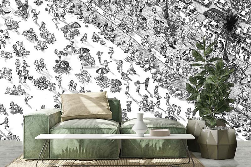 The wallpaper features a detailed black-and-white mural, capturing De Waal Park's vibrant atmosphere. Key elements include intricate tree branches, delicate leaves, and silhouettes of strolling figures. It is accented by shades of gray and stark contrasts, highlighting the natural elegance of park life. Perfect for adding texture and depth to any modern living space with its artistic depiction of urban greenery.