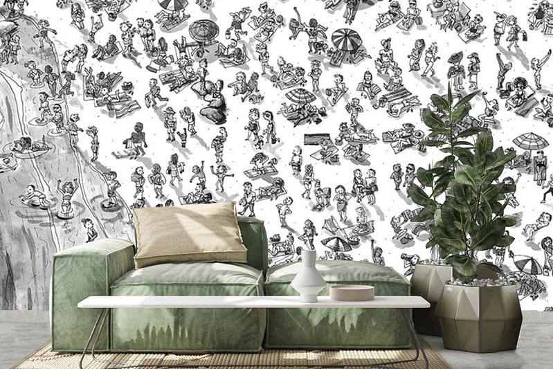 The wallpaper is a whimsical black-and-white beach-themed design adorned with playful cartoon figures.