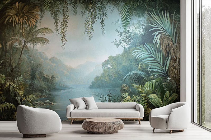 Lush tropical forest mural with vibrant greens, deep river blues, and rich earthy browns.
