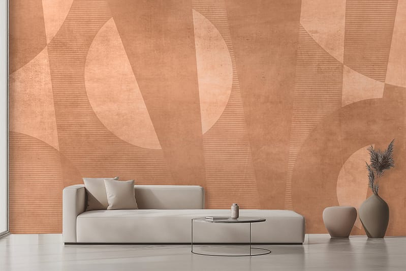 The wallpaper in the modern living room showcases a captivating array of geometric patterns in soft earth tones. The design features interlocking shapes and lines in hues of beige, tan, and muted ochre, creating a harmonious yet striking visual effect. These colors blend seamlessly to evoke a sense of natural elegance and tranquility. The geometric patterns on the wallpaper play with symmetry and asymmetry, adding depth and an artistic touch to the wall that enhances the overall ambiance of the space.