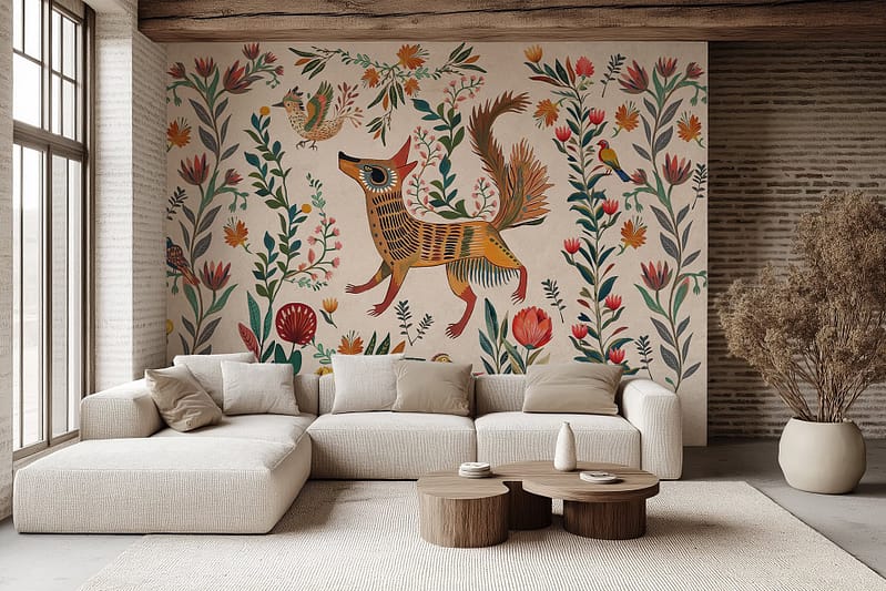 Colorful mural; whimsical fox; vibrant flowers; lush foliage; dawn serenity; bright hues; earthy tones; artistic design.
