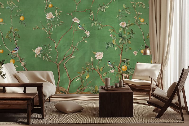The wallpaper features a green background with a floral and bird motif. It includes white flowers, orange fruits, and small birds flying to perch on branches.
