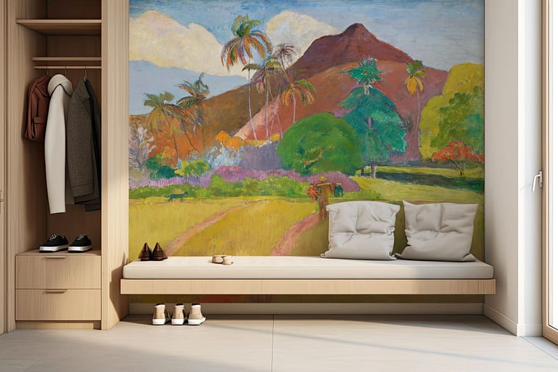 The wallpaper features a vibrant tropical landscape with lush greenery, colorful flowers, exotic birds in vivid hues, and soft blue skies. Rich greens stand out amidst splashes of bright reds, yellows, and purples. The scene captures the essence of a lively yet tranquil paradise.