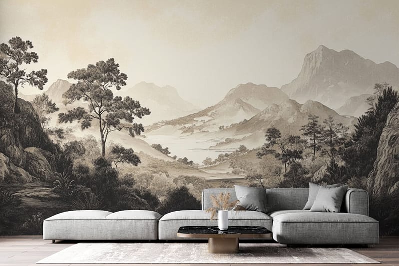 The wallpaper showcases a black and white mural featuring a serene mountainous landscape with trees and a river, blending modern simplicity with classic elegance.