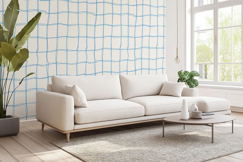 The wallpaper features a blue-grid pattern.