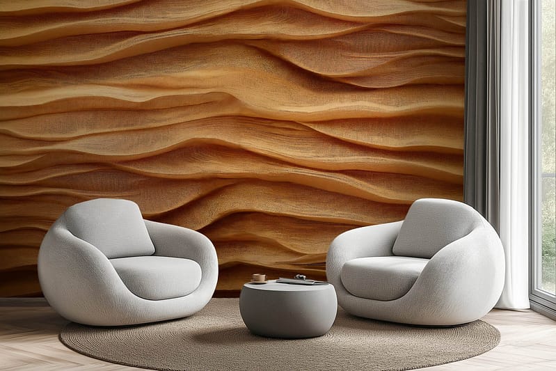 Textured wall with a wavy wooden pattern, Timberland natural aesthetic, earthy tones, wood grain motifs.