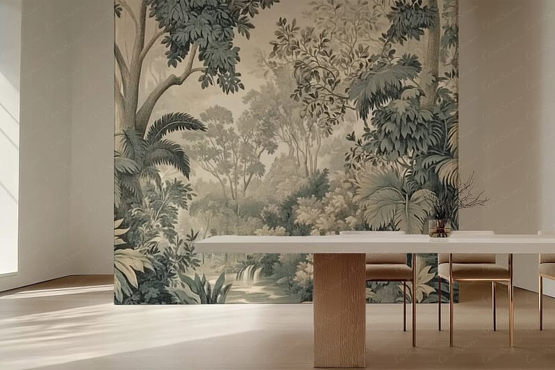 A large wallpaper mural depicts a lush green valley, featuring vibrant shades of green and hints of blue to create a serene atmosphere.