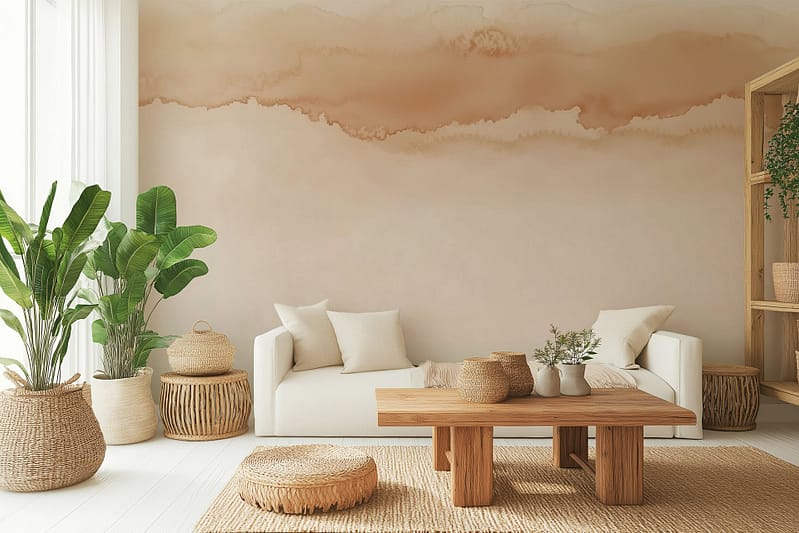 Abstract beige and brown design wallpaper, featuring soft swirls and geometric patterns. Hues include warm taupe, cream accents, and hints of sepia, creating a harmonious backdrop.