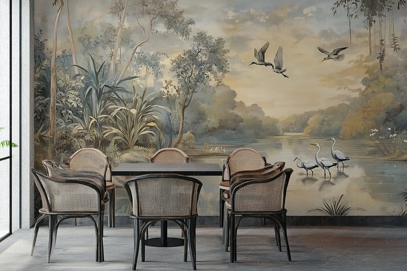 The wallpaper showcases a tranquil lake scene with birds flying and wading, surrounded by lush foliage. Predominant colors include blues and greens for the water and plants, with accents of white and gray for the birds.