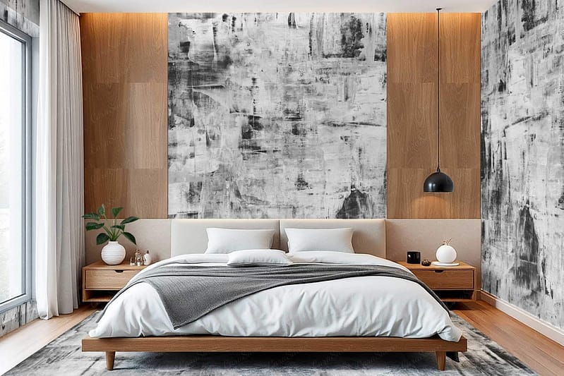 Wallpaper features an abstract design with dominant gray and black hues, incorporating subtle white accents. The pattern is artistic and contemporary, seamlessly blending with the bedroom's modern aesthetic.