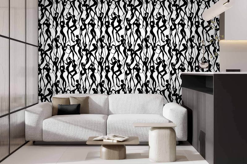 Black and white dotted line wallpaper; geometric pattern; contemporary design; minimalistic style; high contrast colors.