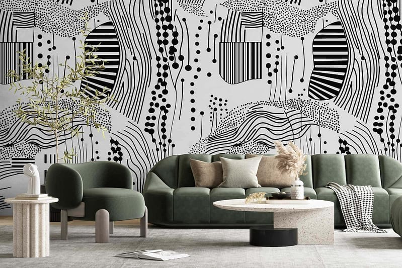 The bold black and white abstract wall pattern features dynamic lines and geometric shapes, creating a striking contrast. This monochrome design adds depth and interest to the room with its impactful visual texture.
