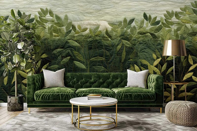 Nature-inspired wall mural with leaf patterns; elements: leaves, foliage; colors: green, various shades of green.