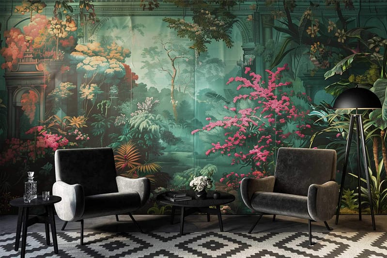 Lush tropical mural with vibrant green foliage, featuring vivid pink and yellow flowers. Elements of nature-inspired atmosphere in wallpaper design.