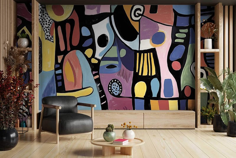The wallpaper is a large abstract mural featuring bold geometric shapes in vibrant colors such as blues, reds, yellows, and blacks. These elements create a striking visual centerpiece for the room.