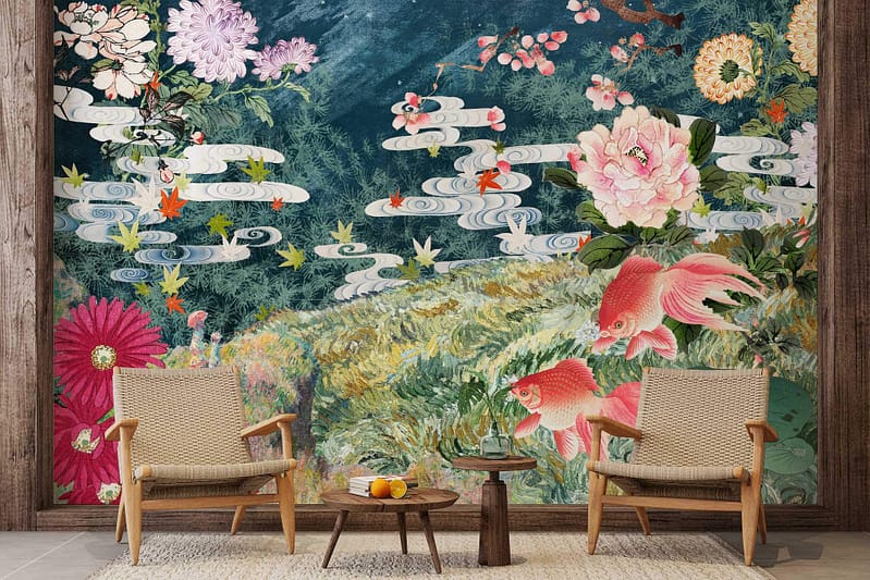 Wallpaper features vibrant mural with colorful flowers, fish, waves, clouds; dark blue background.