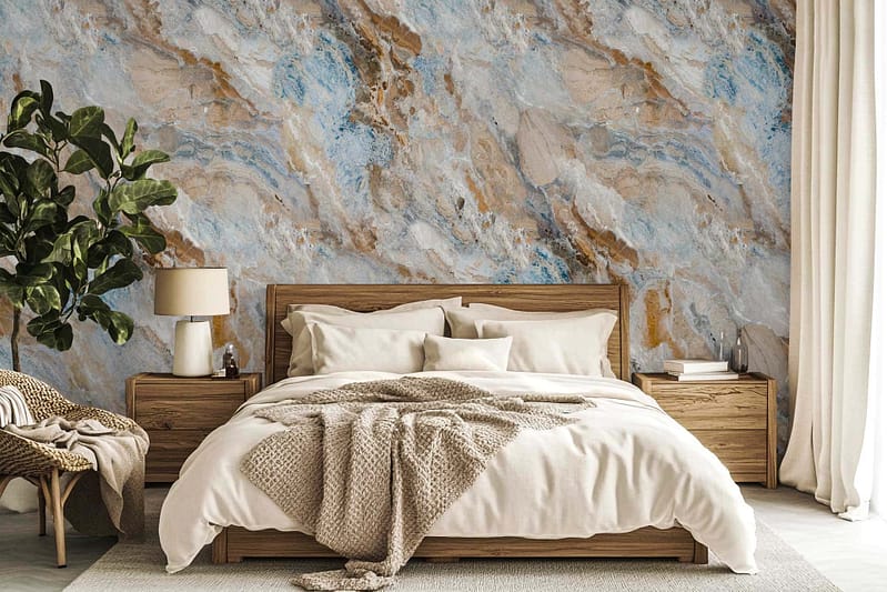 The wallpaper features large abstract marble patterns in shades of blue and brown, adding a touch of tropical beauty to the space.