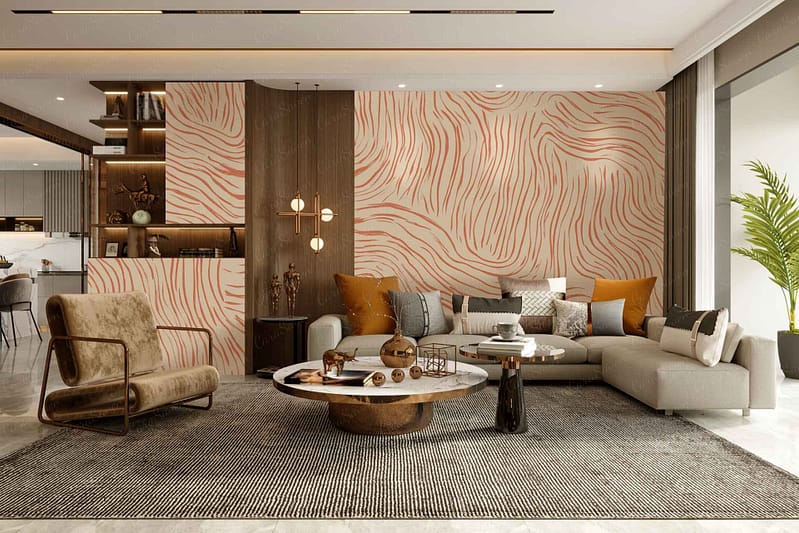 The wallpaper features geometric patterns in shades of orange, gray, and beige, creating a striking backdrop that complements the room's modern decor.