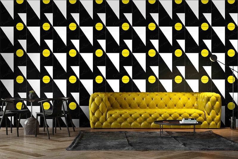 The wallpaper features a starfish-inspired geometric pattern with bold black, white, and yellow colors. The design incorporates intricate shapes resembling starfish, creating a dynamic visual contrast. Dominant elements include sharp angles and symmetrical patterns in the highlighted hues of black, white, and yellow.