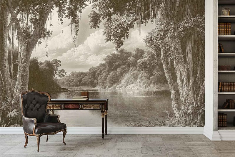 The wallpaper in the room showcases a serene forest and river scene with lush green trees, flowing blue waters, and soft earthy tones depicting an idyllic landscape. It features elements like gentle waves of the river, detailed forest foliage, and hints of wildlife to enhance a tranquil atmosphere.