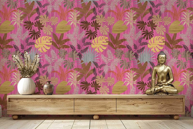 The wallpaper features a vibrant pink background with intricate gold leaf patterns.