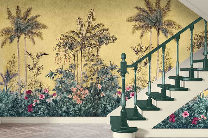 Tropical mural featuring tall palm trees, lush foliage, and colorful flowers. Soft yellow background. Vibrant and exotic atmosphere.