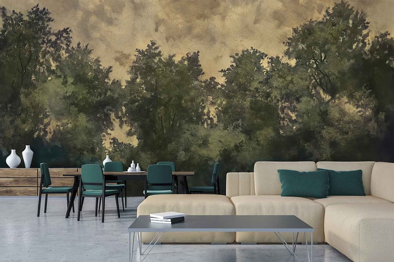 Wallpaper: Mural of green trees, muted earthy sky. Elements include lush greenery and tranquil natural tones. Colors: Green, earthy browns, soft beiges.