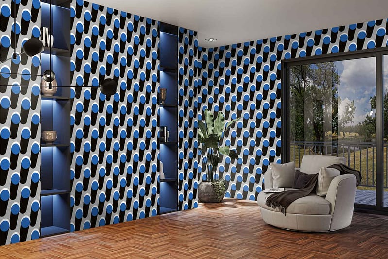 Bold geometric wallpaper featuring blue, black, and white patterns.