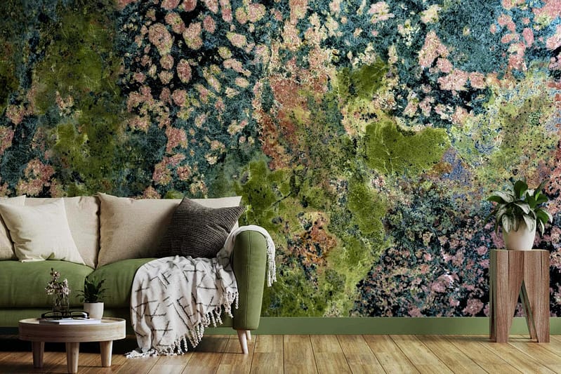 Colorful abstract mural featuring nature or forest theme, elements of green, beige, and dark gray, subtle blue intertwined throughout.