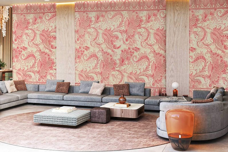 Ornate pink floral wallpaper featuring intricate patterns and vibrant pink hues.