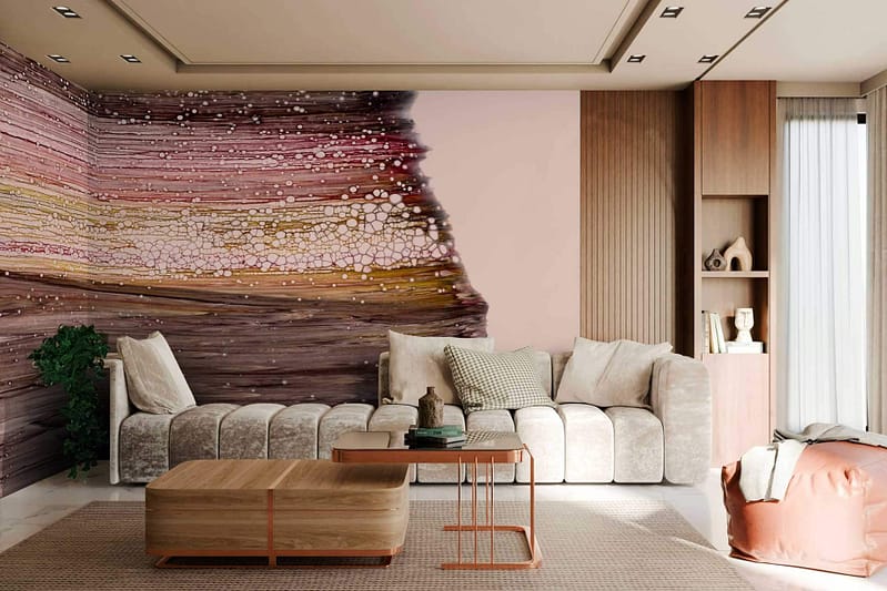 The wallpaper features a striking abstract art mural in earth tones, with flowing patterns reminiscent of tropical landscapes. Rich browns, deep greens, and soft beiges are interspersed with hints of gold and terracotta. The design captures the essence of nature's beauty, fusing organic shapes with serene colors to create a harmonious ambiance in the living space.