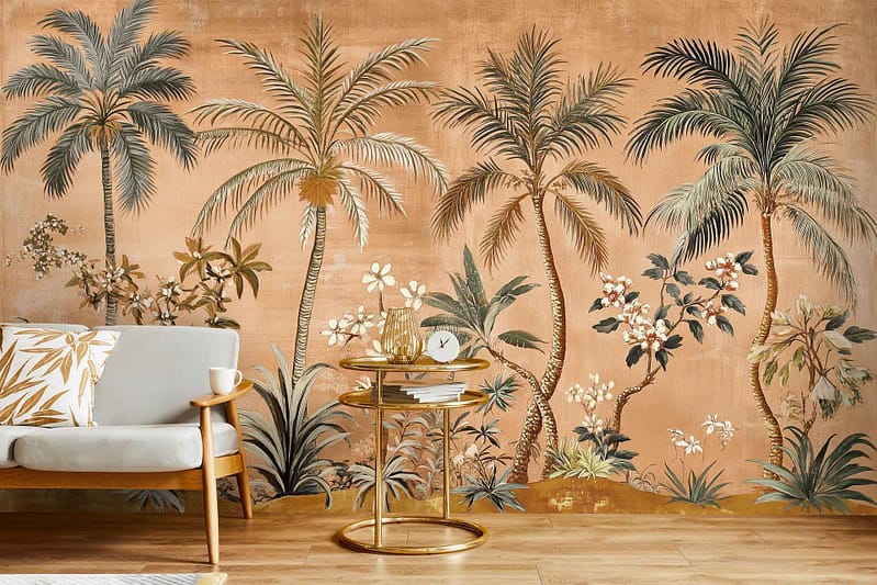 The wallpaper features a vintage tropical botanical illustration with vibrant palm trees, lush green foliage, and exotic plants. Delicate flowers in shades of pink, orange, and yellow add bursts of color against the warm beige background. The overall design evokes an exotic, nature-inspired atmosphere with intricate details in rich greens and subtle earth tones.