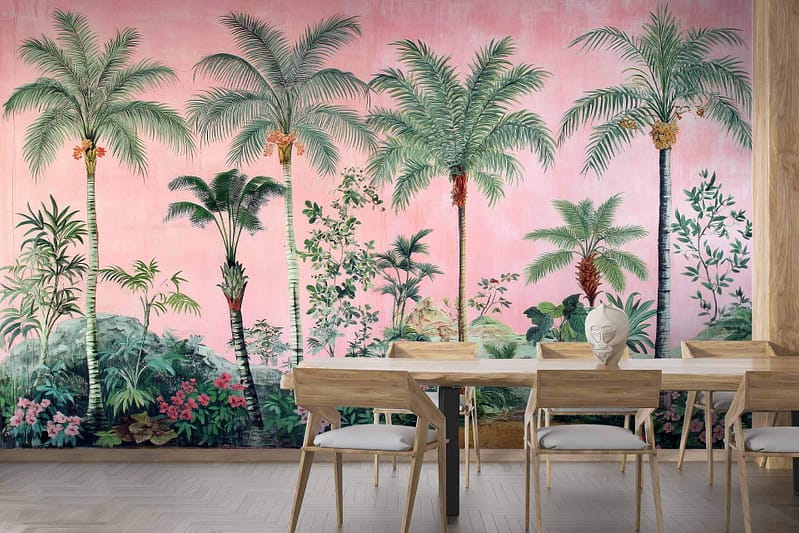 The wallpaper is vibrant pink, featuring a mural with tropical palm trees and lush greenery.